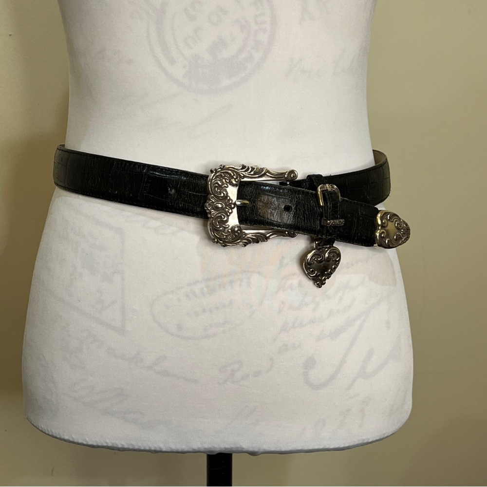 Brighton Black Leather Heart Charm Belt Size 30 Decorative Scroll Buckle Silver